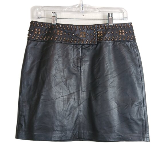 Cache Studded Mini Skirt Womens 8 Black Leather 90s Y2K Grunge Moto Office Siren - Picture 3 of 4